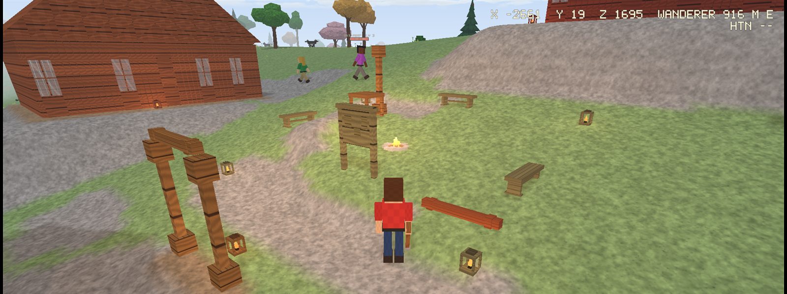 A village in Hiili with a crafting table, campfire, benches and lanterns, villagers walking nearby
